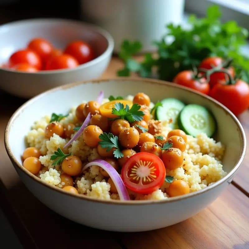 Bowl de Cuscús de Coliflor con Garbanzos Crujientes y Vinagreta de Zaatar: Receta Palestina Keto
