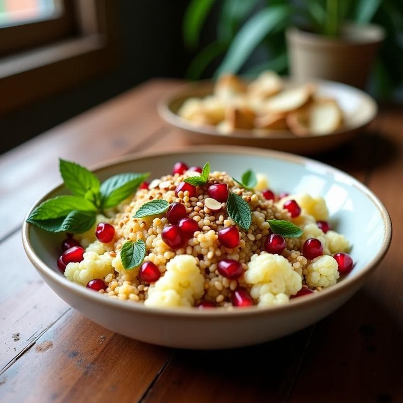 Bowl de Cuscús de Coliflor y Granada: Ensalada Marroquí Sin Gluten con Aderezo de Ras el Hanout