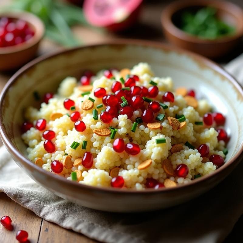 Bowl de Cuscús de Coliflor y Granada con Vinagreta de Narjus: Receta Árabe Baja en Calorías