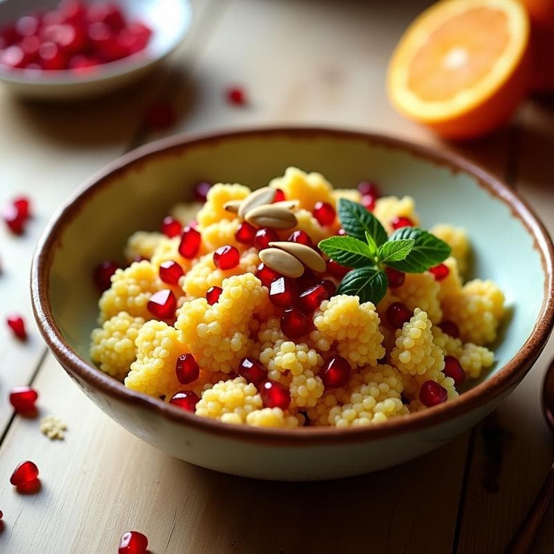 Bowl de Cuscús de Coliflor y Granadas con Aliño de Naranja Amarga: Receta Árabe en 15 Minutos