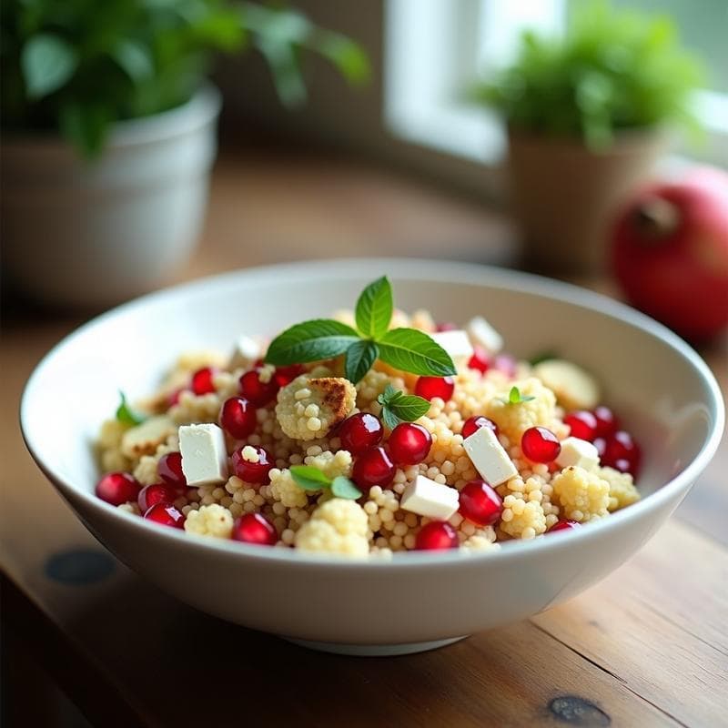 Bowl de Cuscús de Coliflor con Granado y Mentol: Ensalada Keto y Sin Cocción