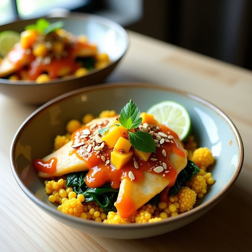 Carson bowl de Cuscús de Coliflor con Merluza al Curry y Salsa de Mango: Receta en Olla Express sin Gluten