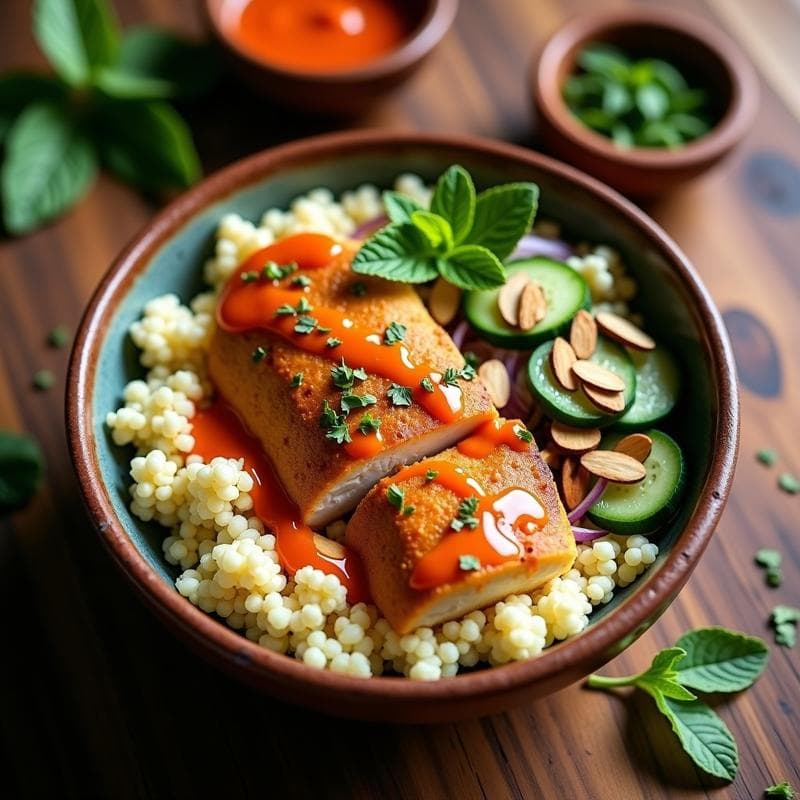 Bowl de Cuscús de Coliflor con Merluza y Salsa Harissa: Receta Keto Marroquí