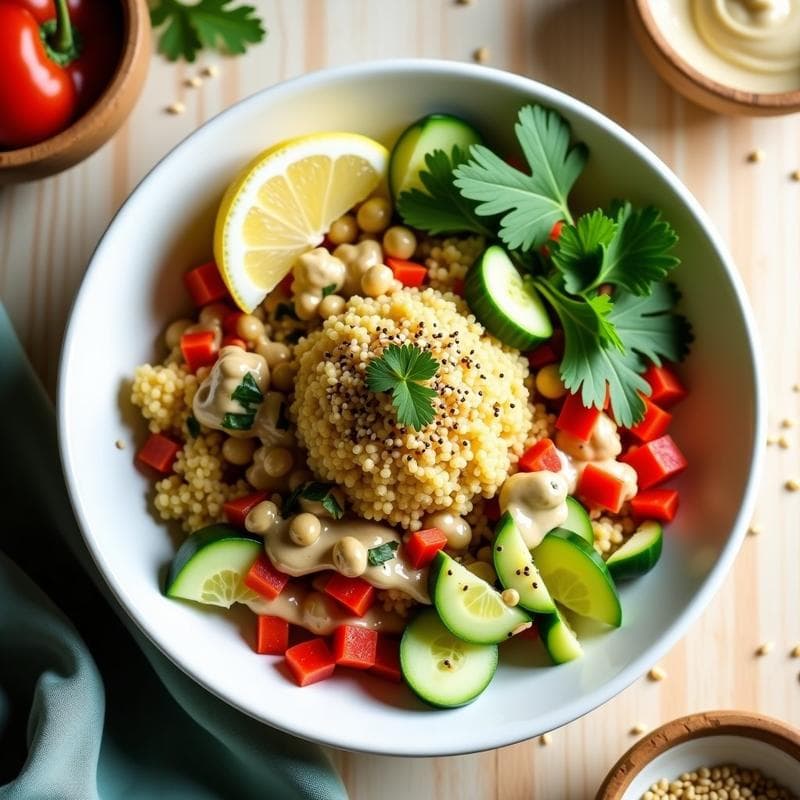 Bowl de Cuscús de Coliflor con Proteína de Guisante y Salsa Tahini: Receta Keto y Crudivegana