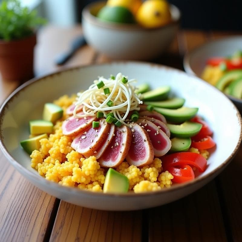 Bowl de Cuscús de Coliflor con Tataki de Atún y Alioli de Limón: Receta Keto en 20 Minutos