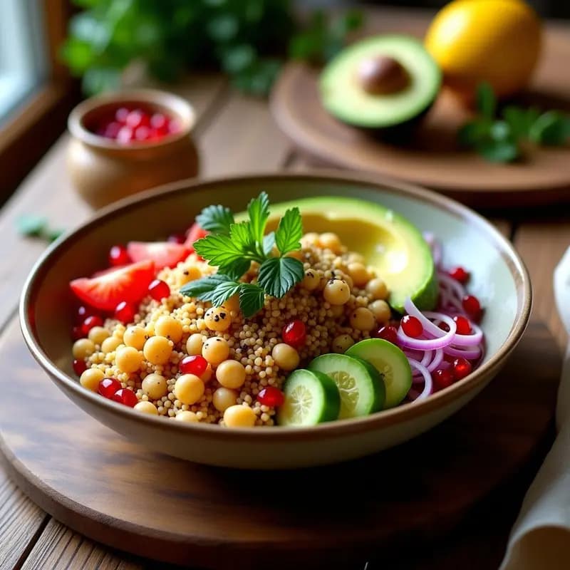 Bowl de Cuscús de Garbanzo con Aguacate y Granada: Receta Árabe Sin Gluten para Tupper