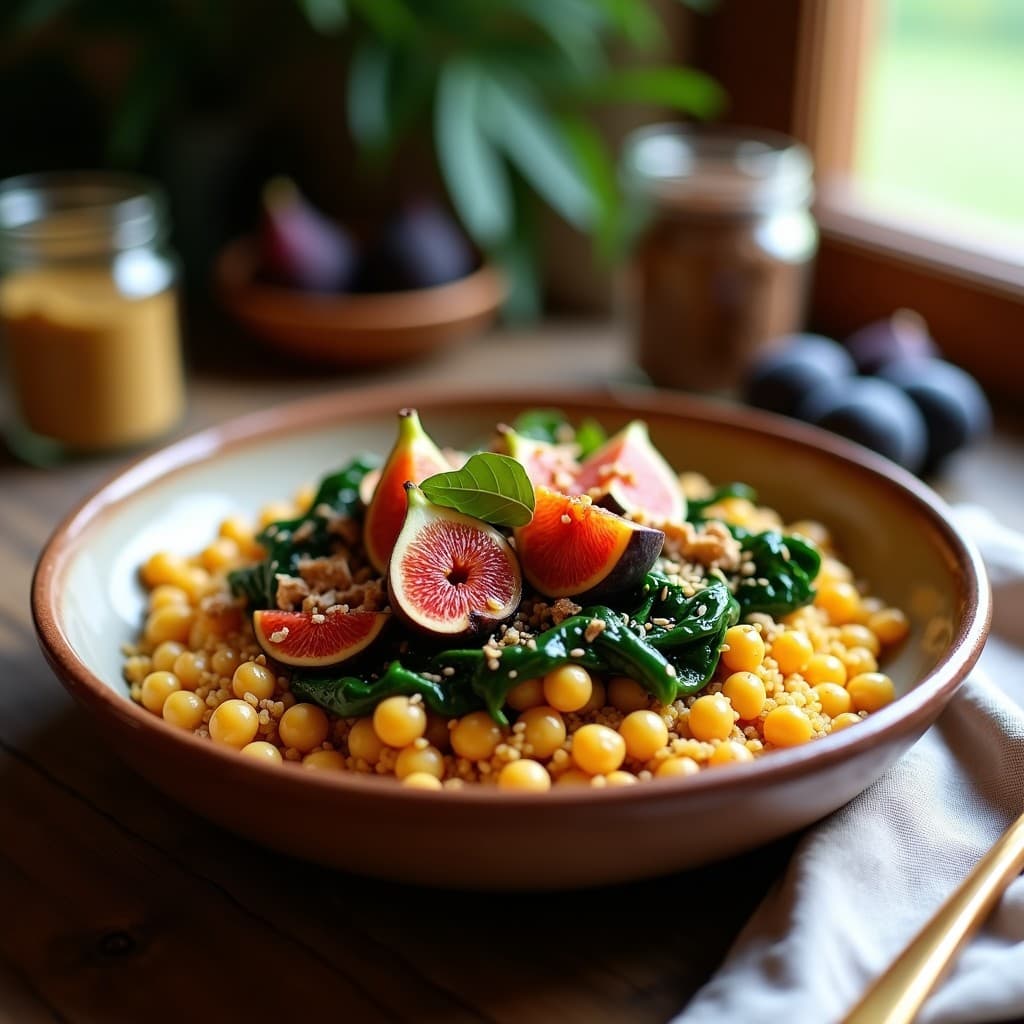 Bowl de Cuscús de Garbanzo con Higos y New Zealand Spinach: Receta Marroquí Vegana