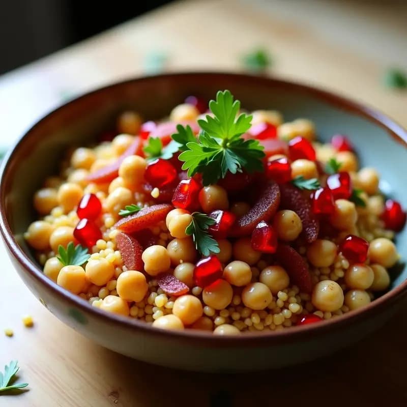 Bowl de Cuscús de Garbanzos y Granada: Receta Marocí Vegana con Aliño de Ras el Hanout