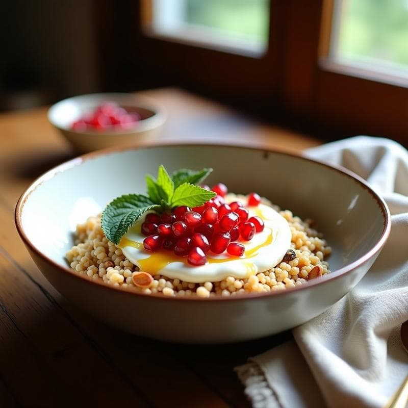 Bowl de cuscús integral y granada: Desayuno marroquí con yogur de soja y miel de arce