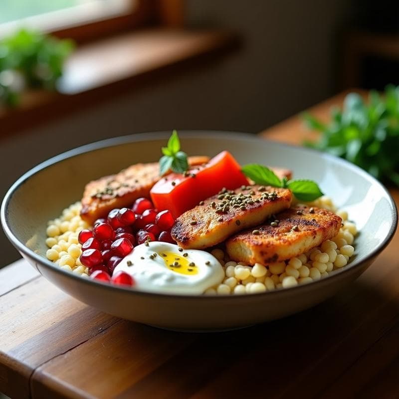 Bowl de Cuscús Integral con Granada y Pollo al Zaatar: Receta Libanes en 20 Minutos