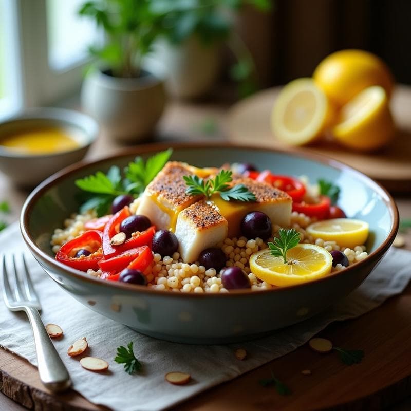 Bowl de Cuscús Integral con Merluza Ahumada y Aderezo de Limón Confitado: Receta Mediterránea