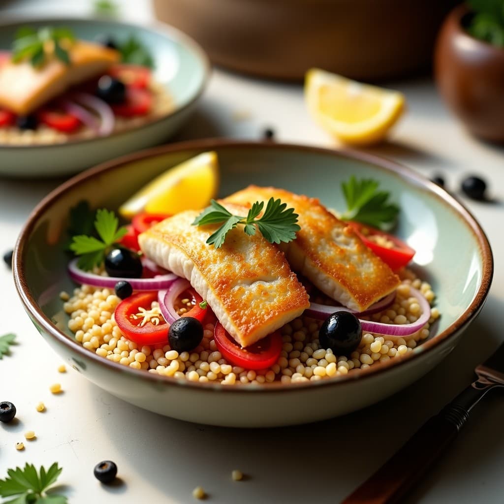 Bowl de Cuscús con Merluza al Limón y Aceitunas Kalamata: Receta Marroquí en Airfryer y Alta en Omega-3