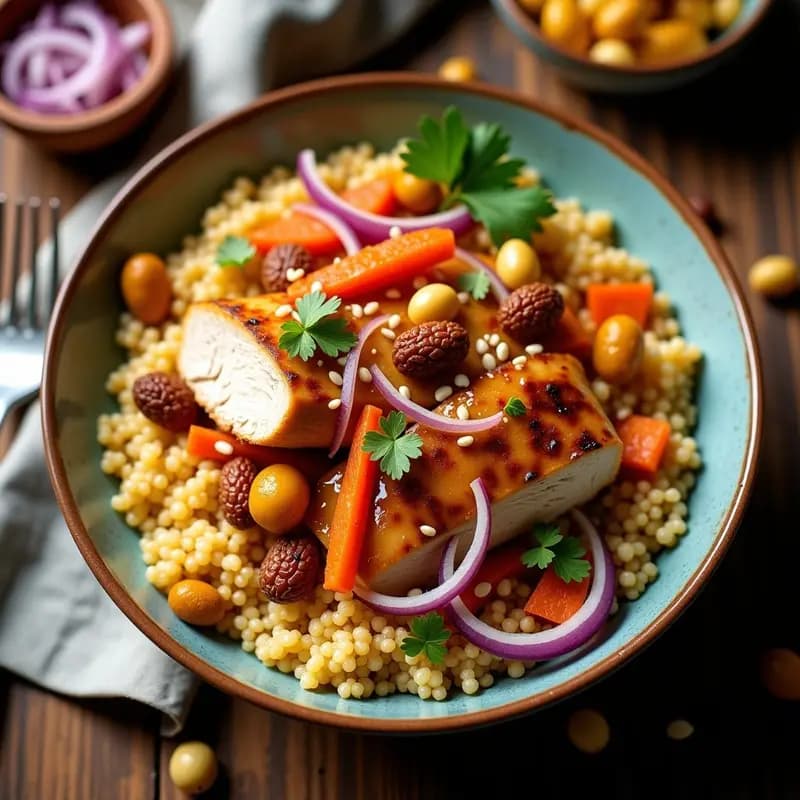 Bowl de Cuscús con Pollo, Pasas y Piñones: Receta Marroquí Equilibrada y Rápida