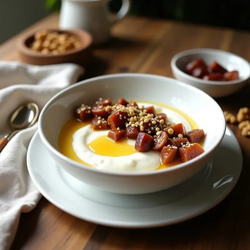 Bowl de dátiles, nueces y yogur griego con miel y semillas de sésamo tostado
