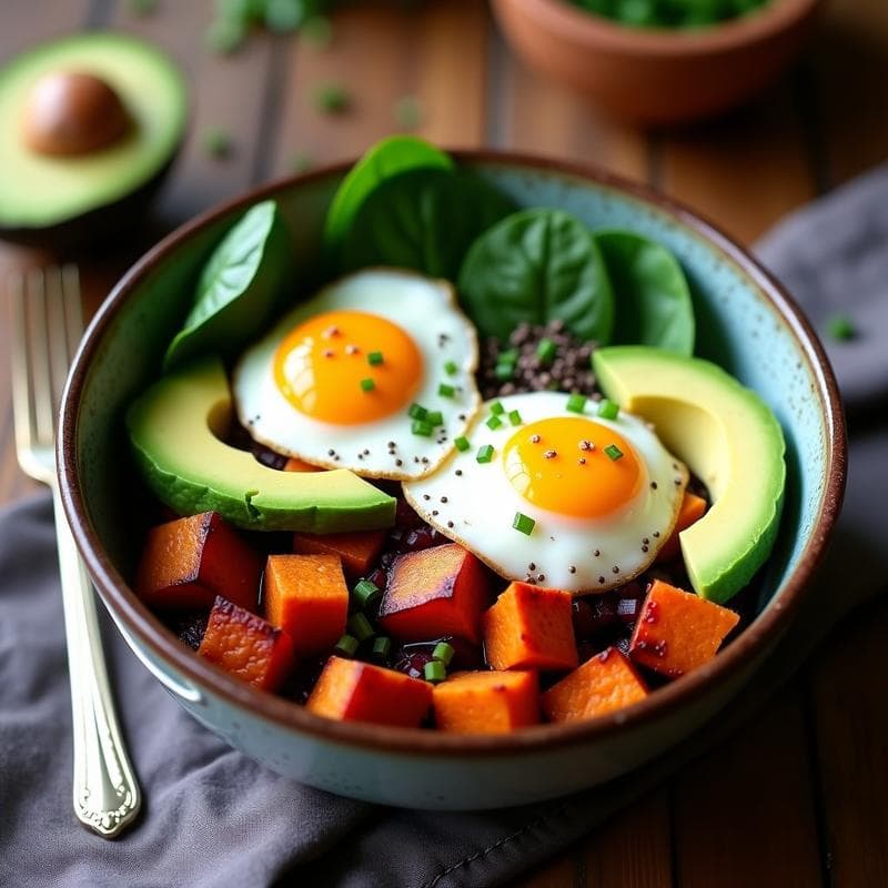 Bowl de Desayuno con Batata Asada, Huevos Poché y Aguacate: Receta Alta en Proteína y Keto