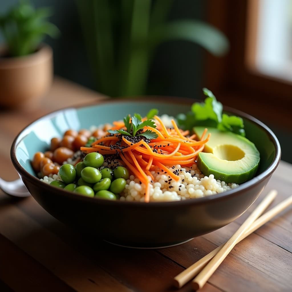 Bowl de Frijoles edamame con Quinoa y Vinagreta de Sésamo Negro: Receta Japonesa Alta en Proteína