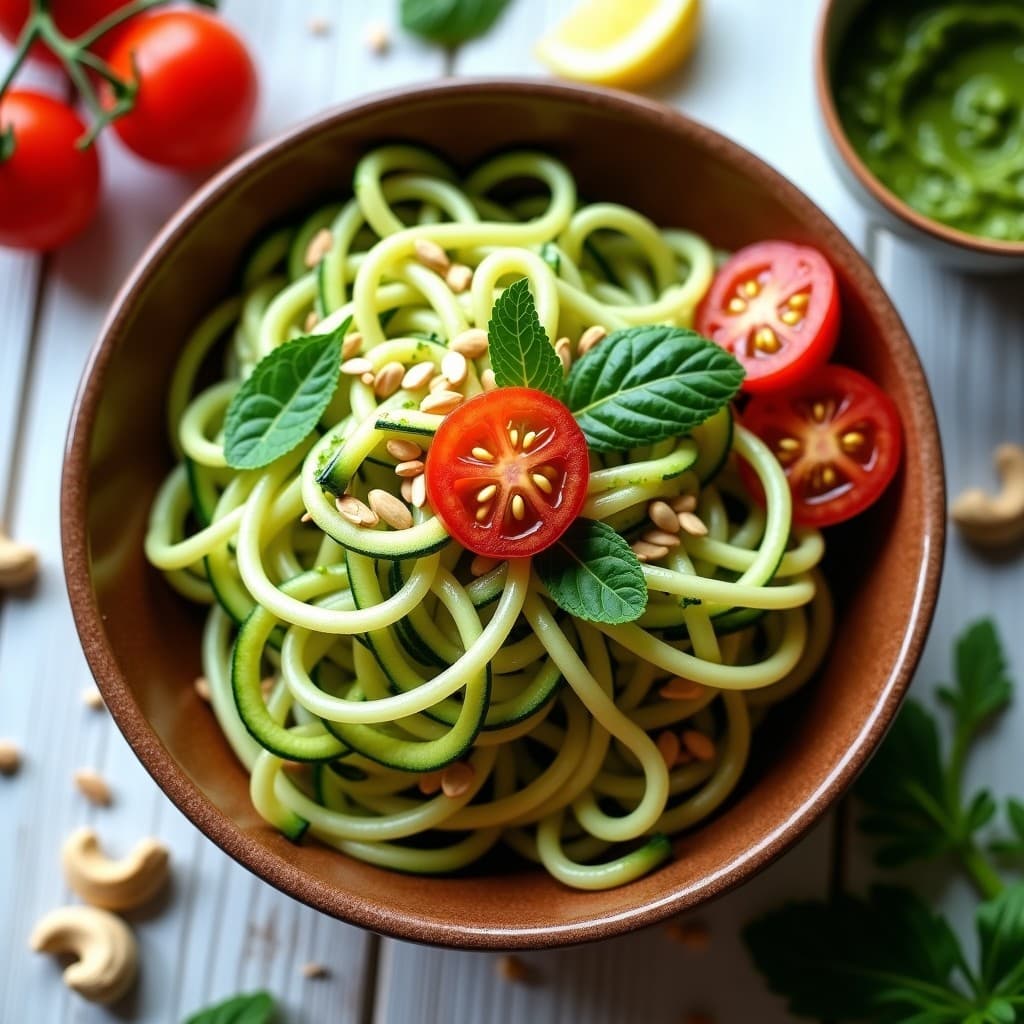 Bowl de Espagueti de Calabacín con Pesto de Rúcula y Queso de Anacardos: Receta Vegana y Sin Cocción