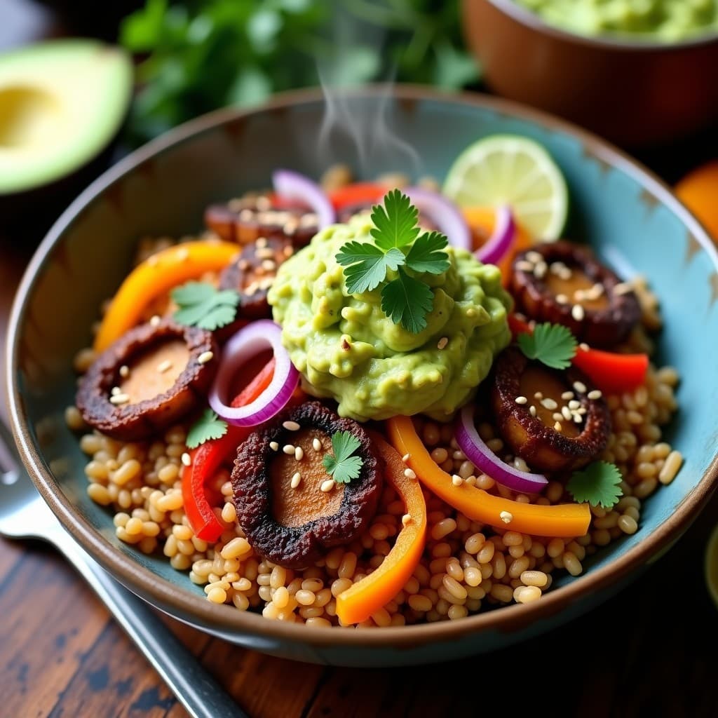 Bowl de Fajitas de Portobello con Pimientos y Guacamole: Receta Vegana en Airfryer Sin Aceite