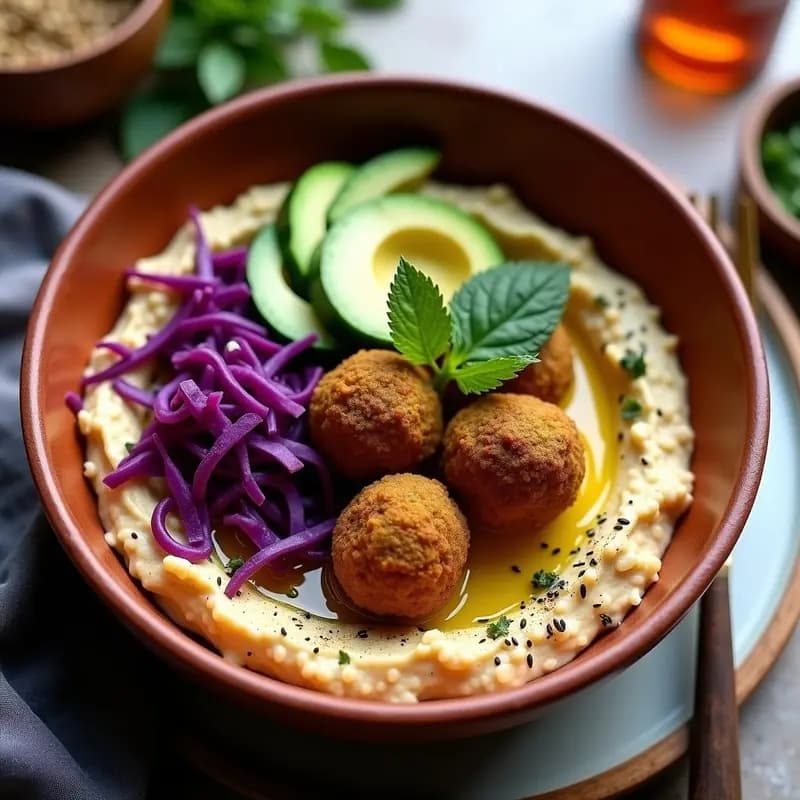 Bowl de Falafel y Hummus con Col Morada: Receta Libanesa Vegana y Crudivegana