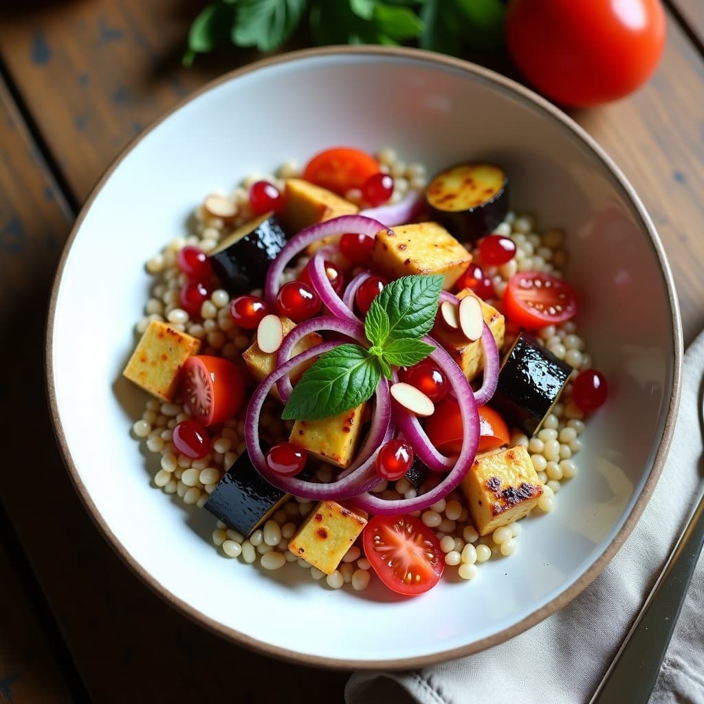 Bowl de Farro con Berenjena Asada y Vinagreta de Granadas: Receta Mediterránea Vegana y Saciante