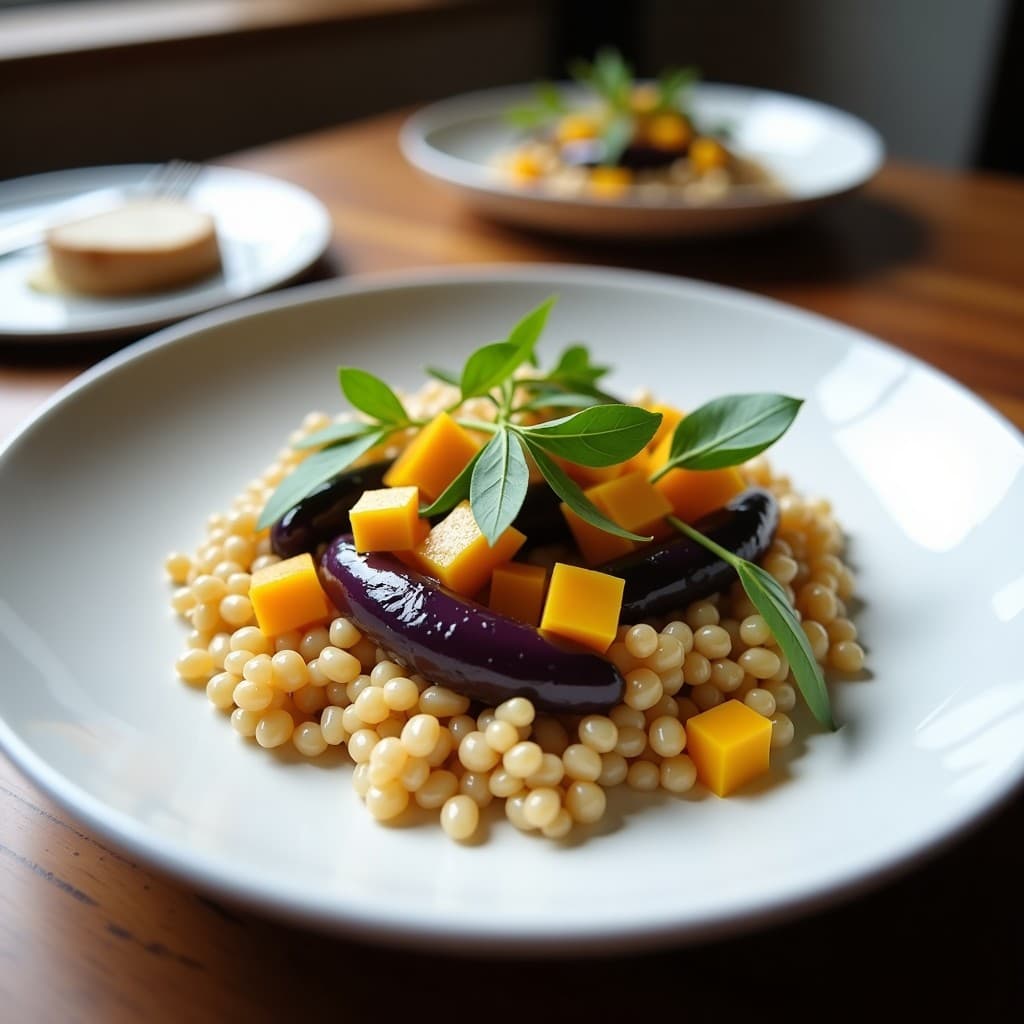 Bowl de Farro con Berenjenas Asadas y Aderezo de Granadilla: Receta Mediterránea Vegana