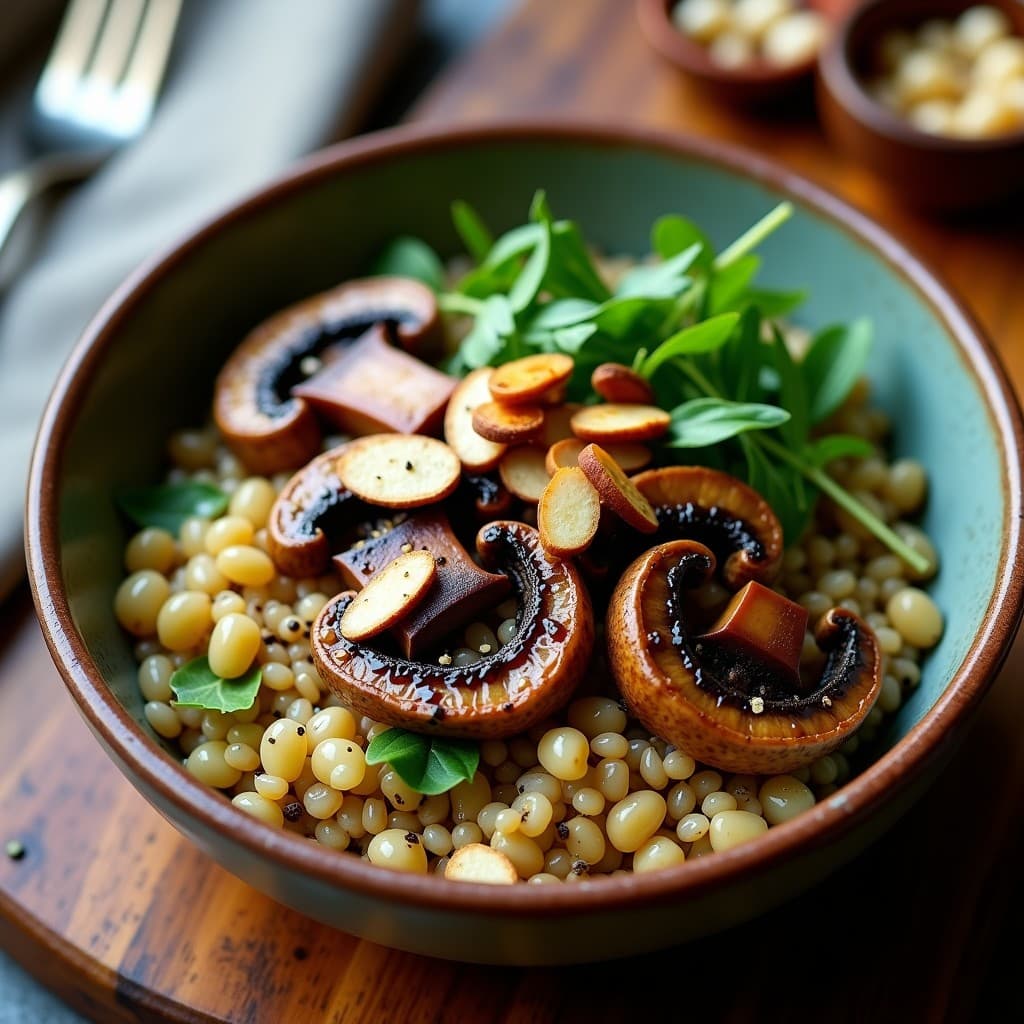 Bowl de Farro con Champiñones Salteados y Aderezo de Trufa Negra: Receta Italiana Vegana