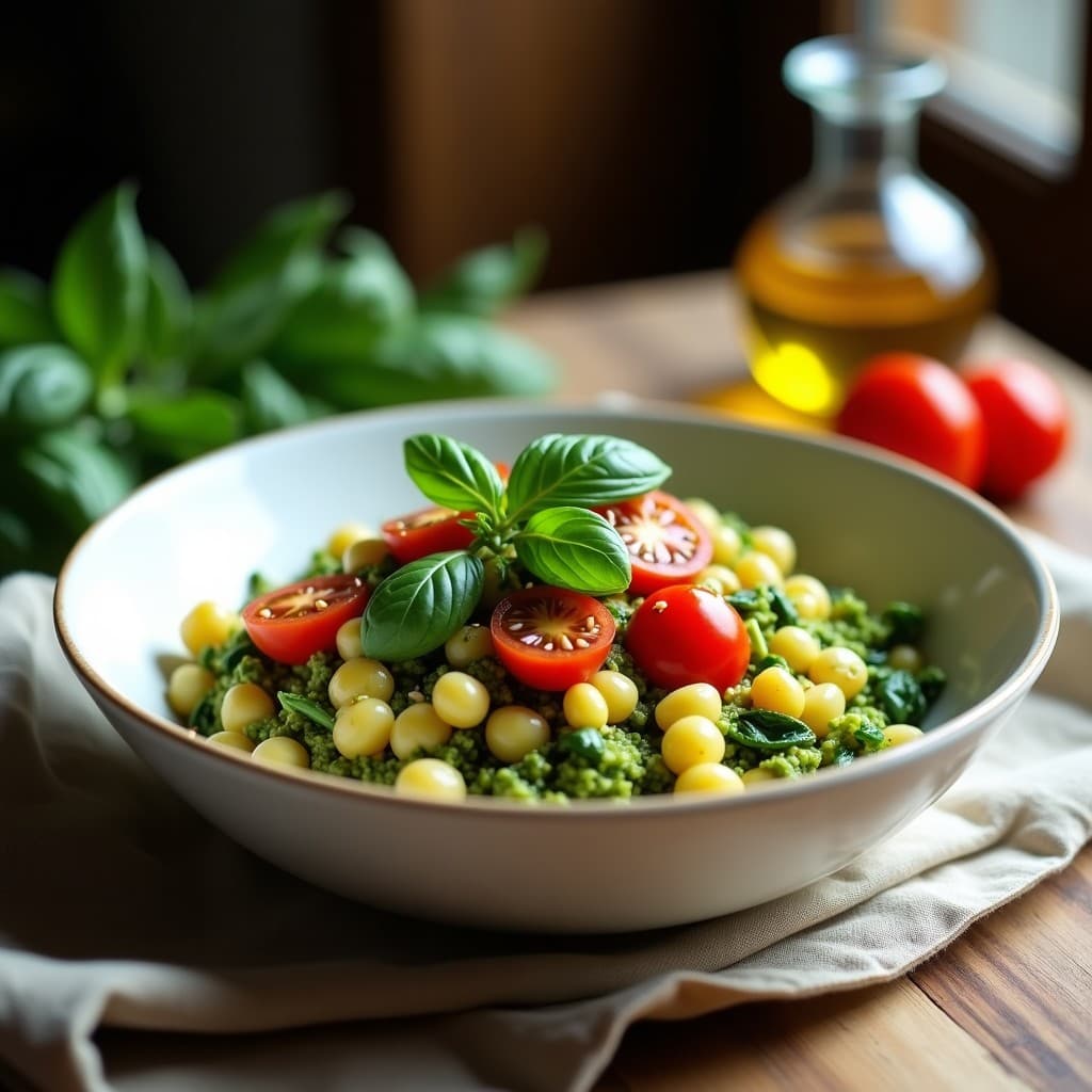 Bowl de Fidea de Garbanzo con Pesto de Albahaca y Tomates Secos: Receta Italiana Sin Gluten