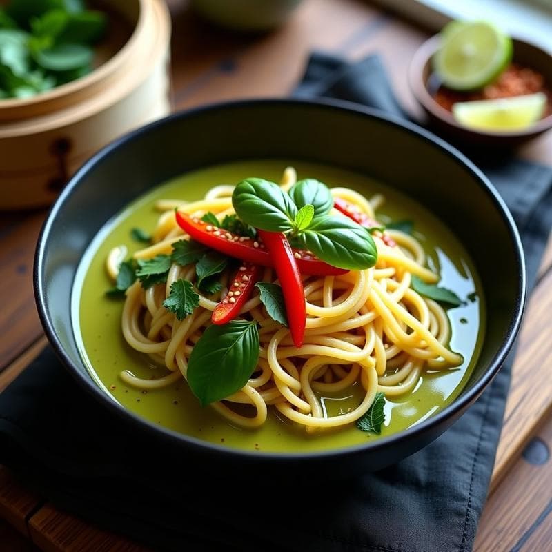 Bowl de Fideo de Arroz con Curry Verde Tailandés y Brotes de Bambú: Receta en 15 Minutos