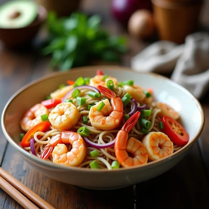 Bowl de Fideo de Arroz con Gambas y Vegetales Salteados: Receta China en Wok Baja en Calorías