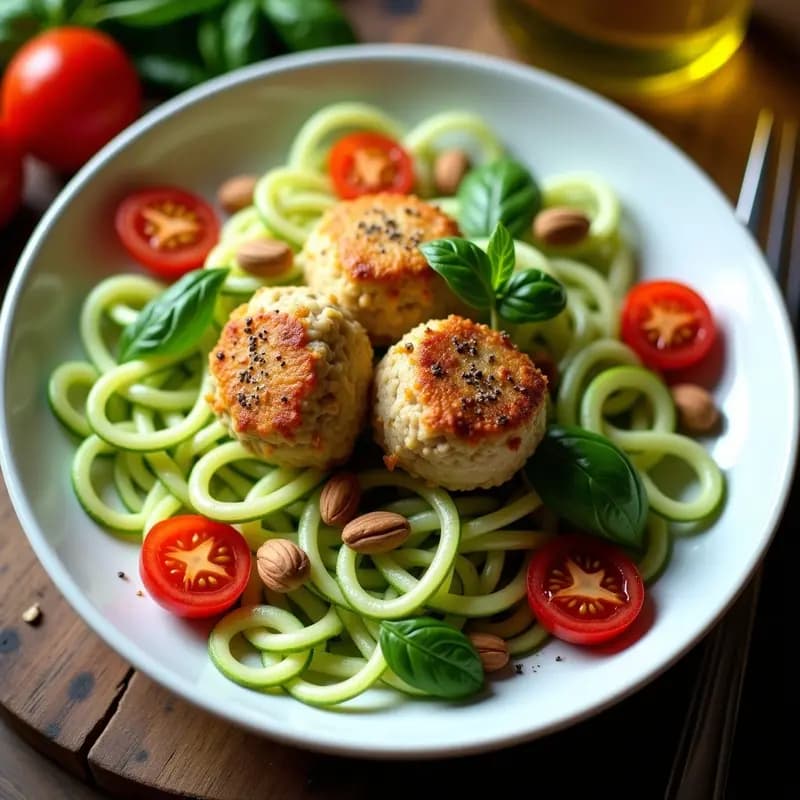 Bowl de Fideo de Calabacín y Albahaca con Bolitas de Pollo: Receta Italiana Sin Gluten en 20 Minutos