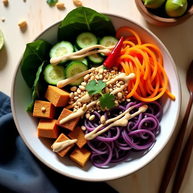 Bowl de Fideos de Arroz Morado con Tofu Ahumado y Aderezo de Cacahuete y Lima: Receta Vegana Tailandesa