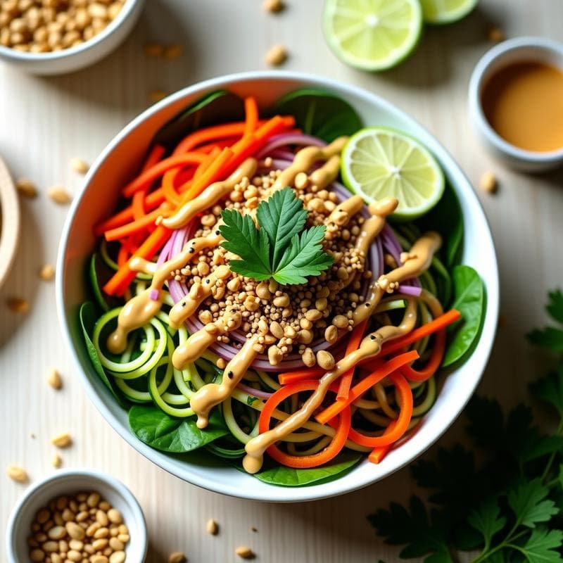 Bowl de Fideos de Calabacín y Cacahuetes: Receta Cruda Vegana con Aderezo de Sésamo