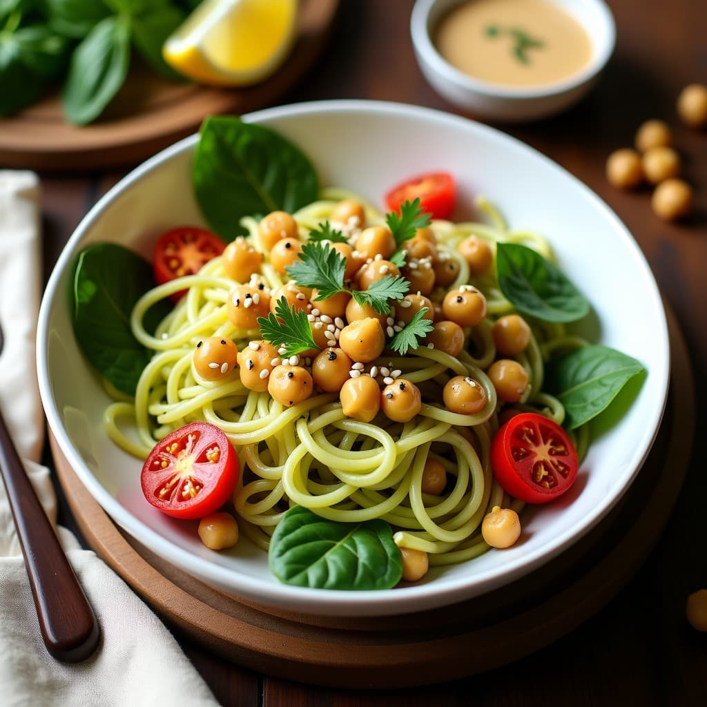 Bowl de Fideos de Calabacín y Garbanzos con Aderezo de Limón y Comino: Receta Vegana en Airfryer
