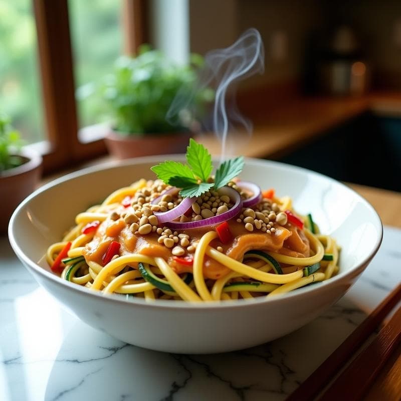 Bowl de Fideos de Calabacín con Peanuts y Salsa Satay: Receta Tailandesa Keto en 10 Minutos