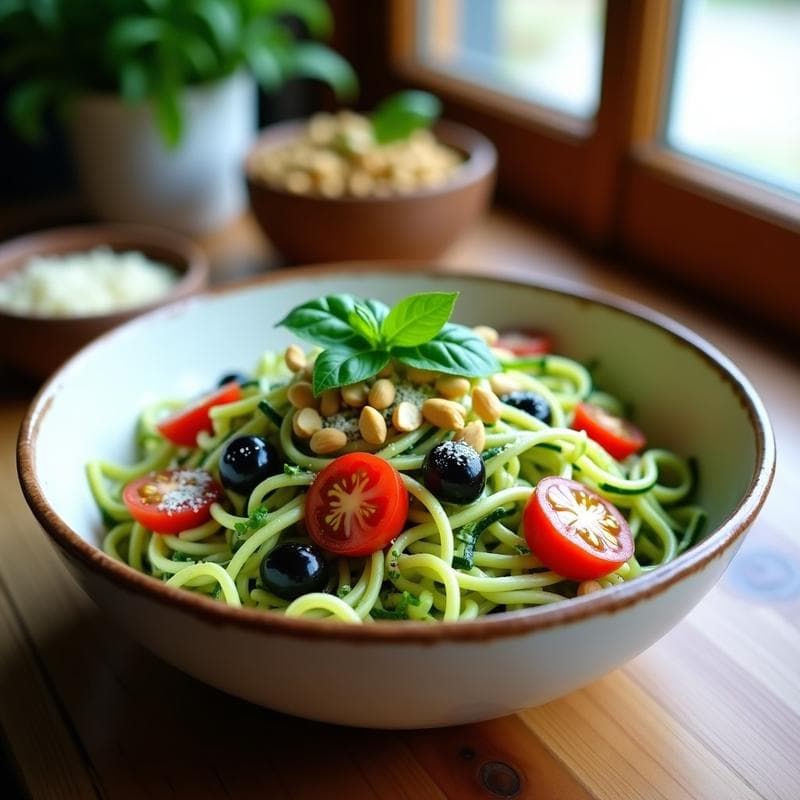 Bowl de Fideos de Calabacín con Pesto de Albahaca y Piñones Tostados: Receta Italiana Keto