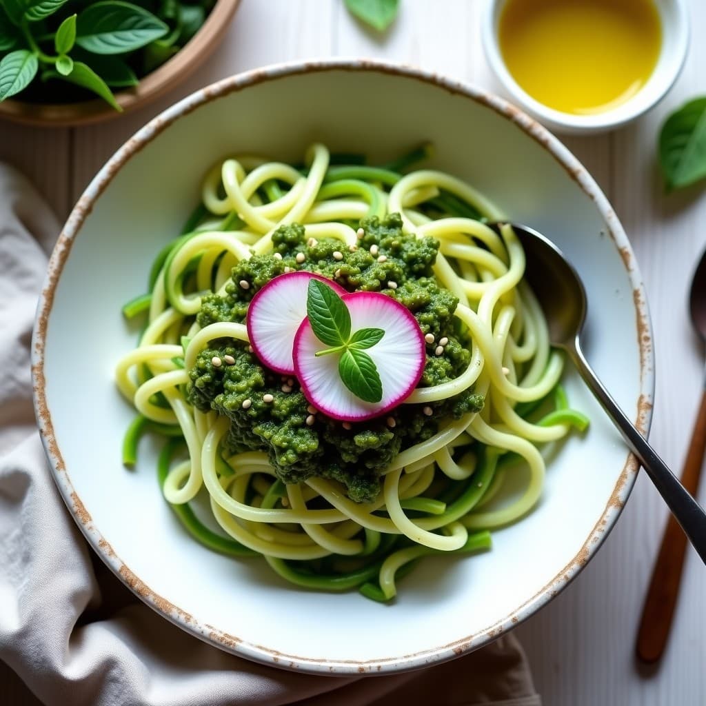 Bowl de Fideos de Calabacín con Pesto de Espinacas y Anacardos: Receta Keto y Crudivegana