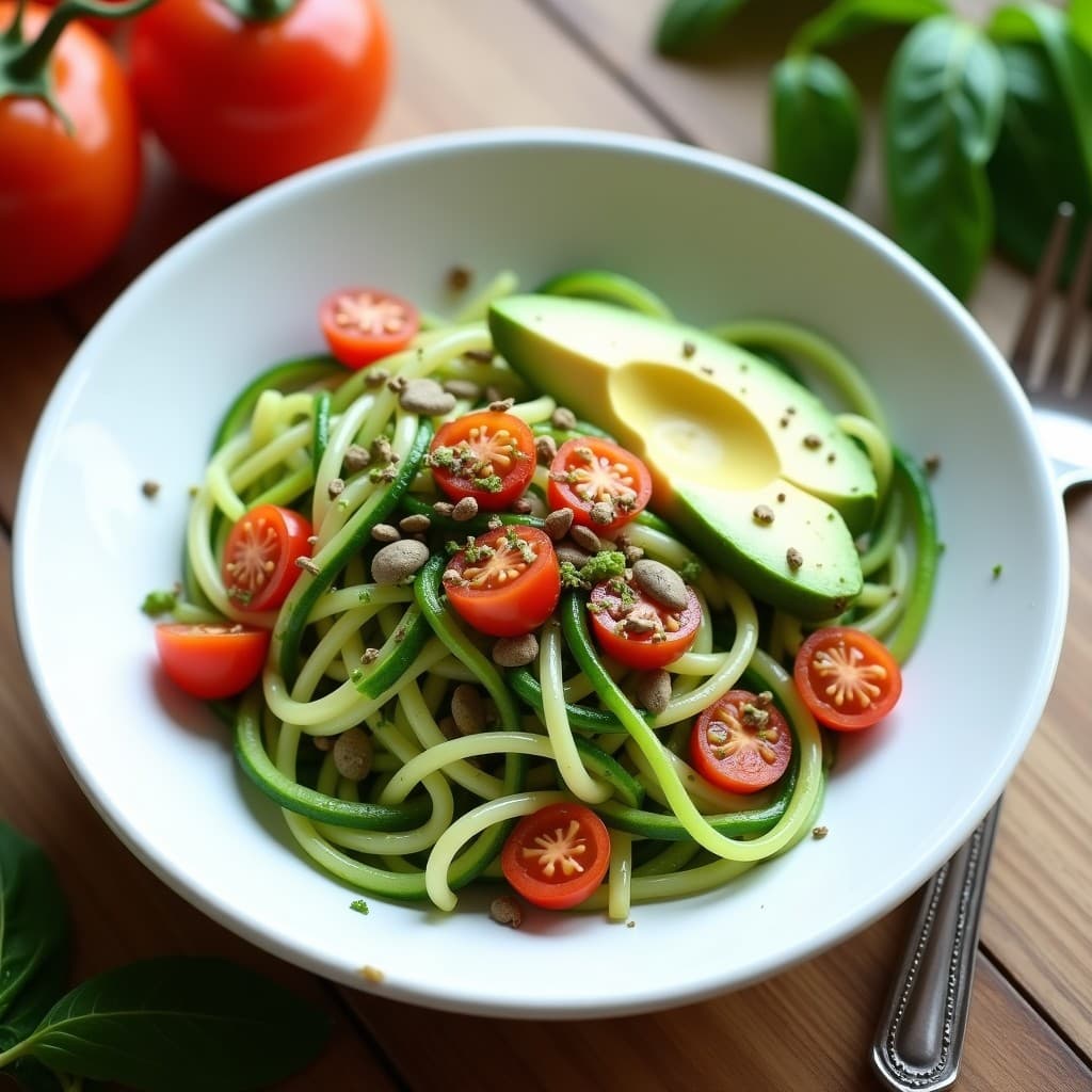 Bowl de Fideos de Calabacín con Pesto de Espinacas y Semillas de Calabaza: Receta Raw Vegana