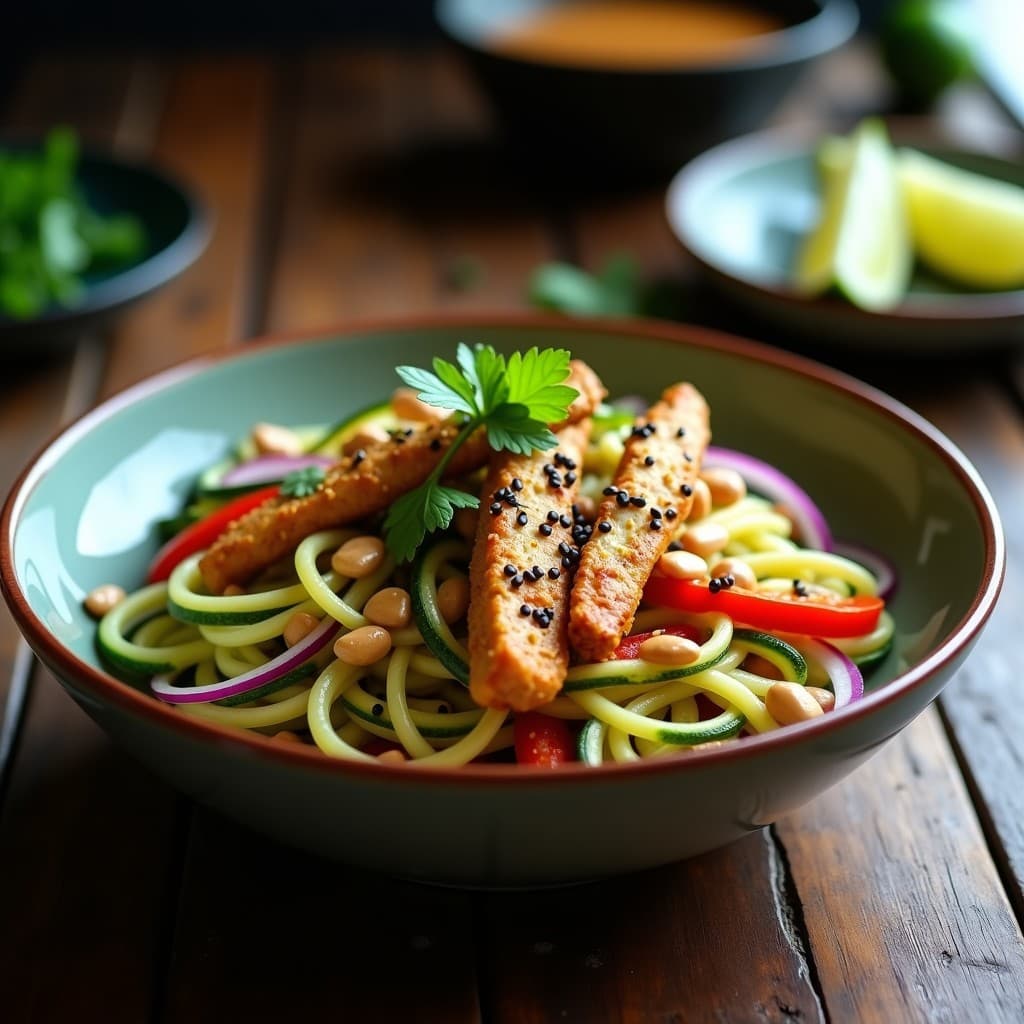 Bowl de Fideos de Calabacín con Pollo al Saté y Cacahuetes: Receta Tailandesa en 20 Minutos