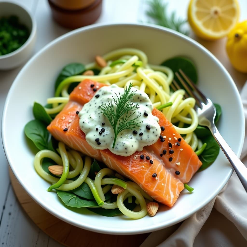 Bowl de Fideos de Calabacín con Salmón al Vapor y Salsa de Eneldo: Receta en Olla Express Baja en Calorías