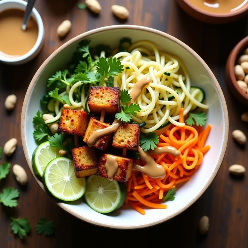 Bowl de Fideos de Calabacín y Satay de Tempeh: Receta Indonésia Vegana con Cacahuete
