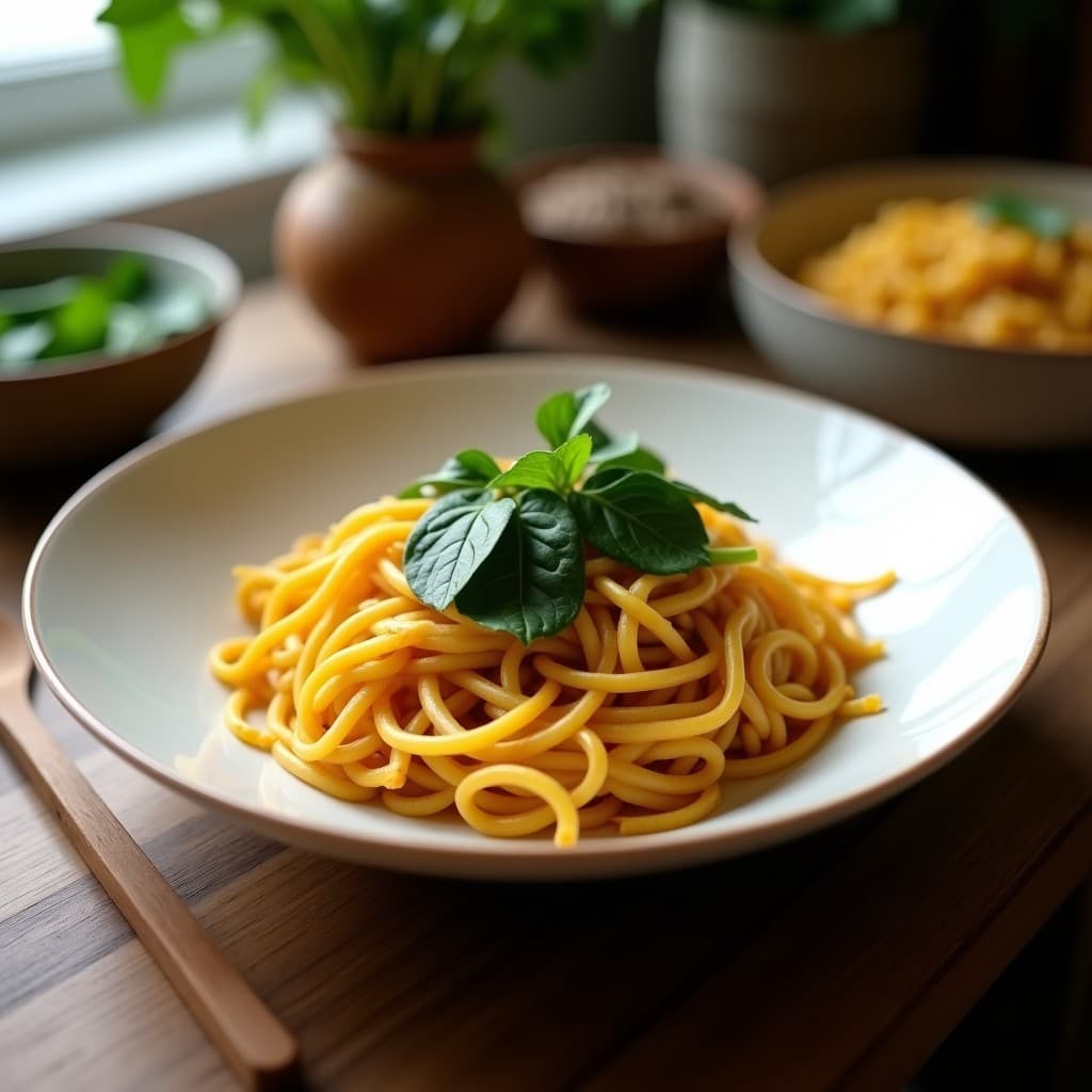 Bowl de fideos de lentejas con curry de coco y espinacas: Receta Indiana Vegana en 20 Minutos