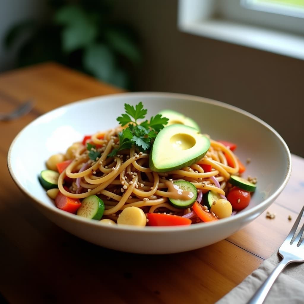 Bowl de Fideos de Lentejas con Verduras Salteadas y Salsa de Tahini: Receta en Olla Express