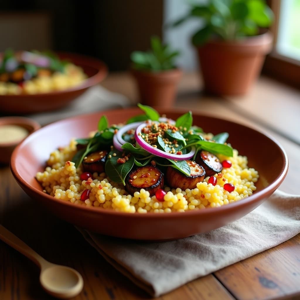 Bowl de Fonio con Berenjenas Asadas y Tahini de Ajonjolí: Desayuno Africano Sin Gluten