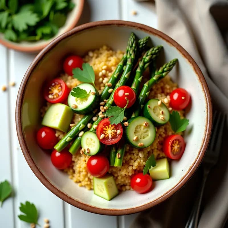 Bowl de Fonio y Espárragos con Aderezo de Mostaza de Dijon: Receta Senegalés Vegana