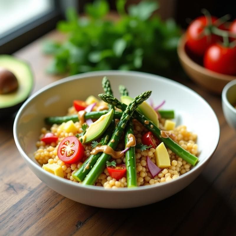 Bowl de Fonio y Espárragos con Aderezo de Tahini y Limón Confitado: Receta Africana Sin Gluten