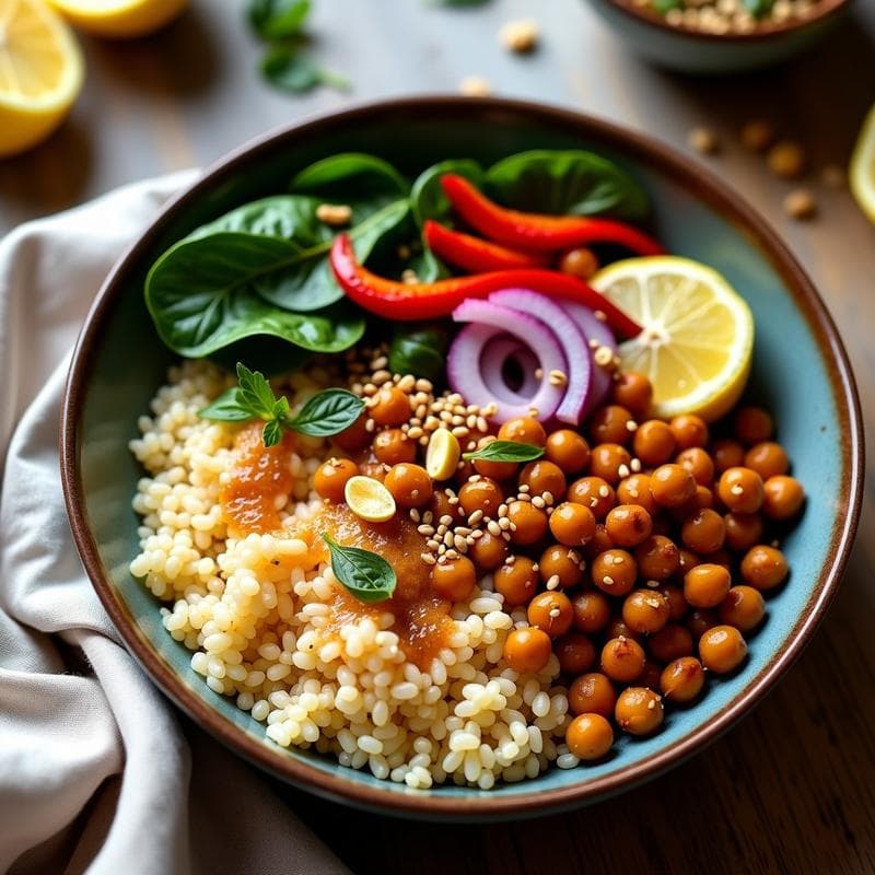 Bowl de Fonio y Garbanzos con Aderezo de Tamarindo: Receta Africana Vegana en 20 Minutos