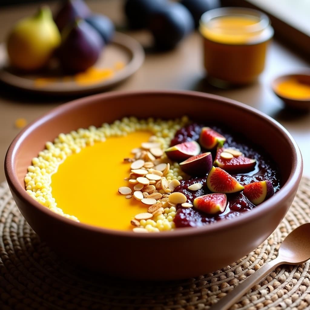 Bowl de Fonio con Leche de Cúrcuma y Compota de Higos: Desayuno Africano Sin Gluten