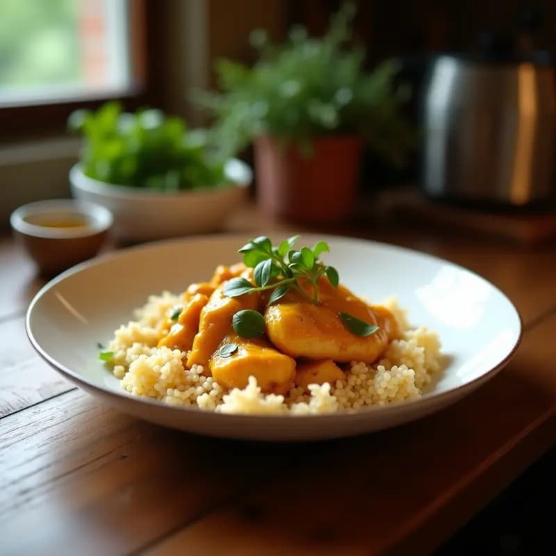 Bowl de Fonio y Pollo al Curry con Melocotón: Receta Africana en Olla Express