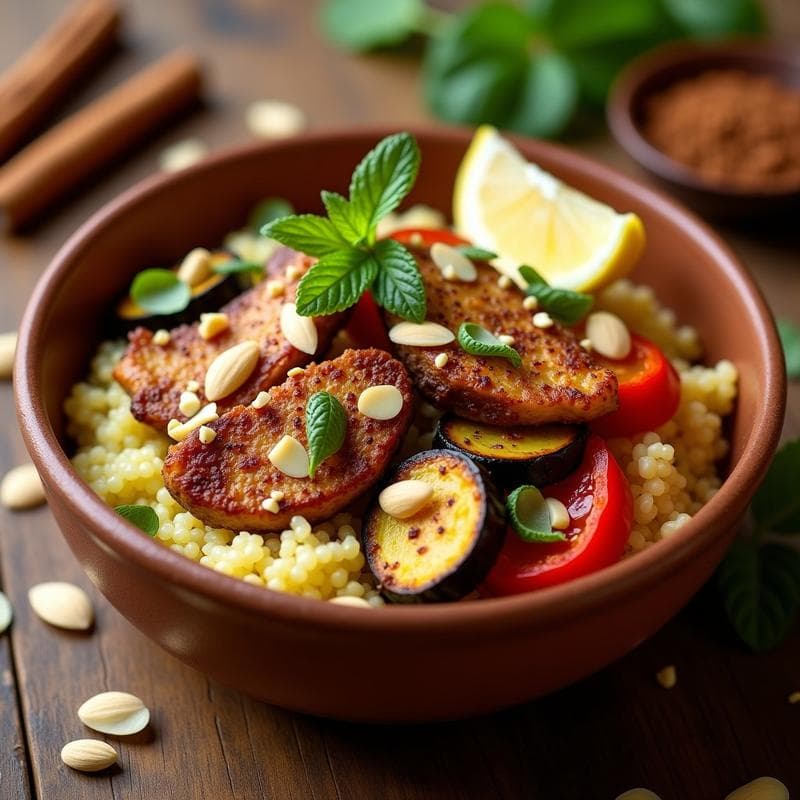 Bowl de Fonio con Pollo al Ras el Hanout y Vegetales Asados: Receta Africana Alta en Proteína