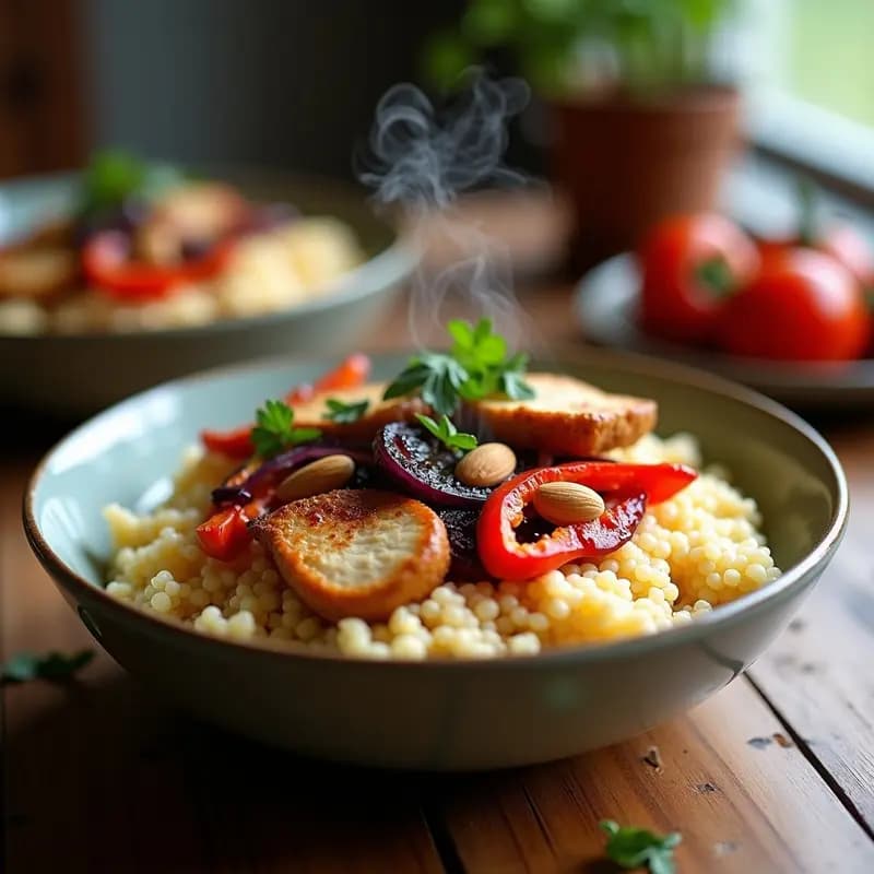 Bowl de Fonio con Pollo al Yogur y Ciruelas Pasas: Receta Africana Alta en Proteína y Sin Gluten